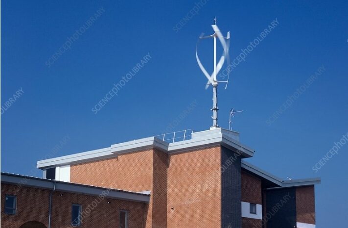 Vertical axis wind turbine mounted on a building