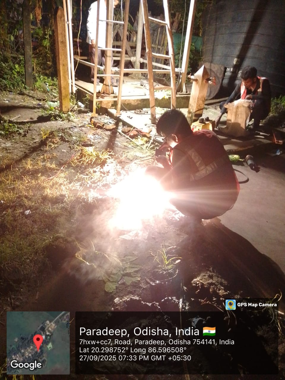 Night welding for earthing structure at RWSS solar pump site, Paradeep, Jagatsinghpur