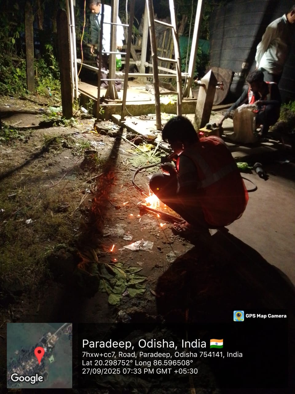 Night welding of lightning arrestor structure at Paradeep, Jagatsinghpur