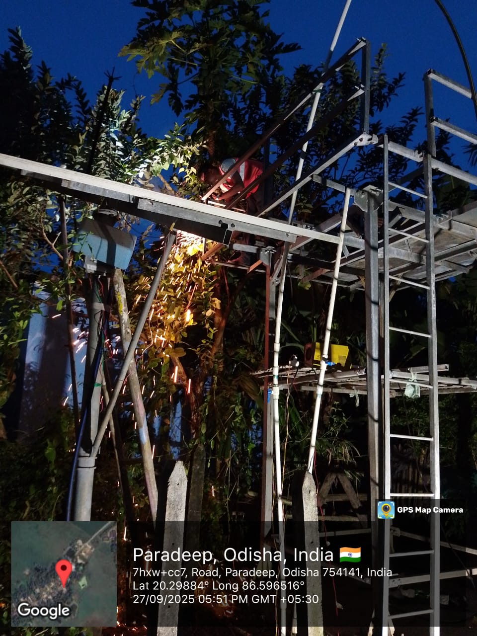 Welding work at RWSS solar pump site at night, Paradeep, Jagatsinghpur