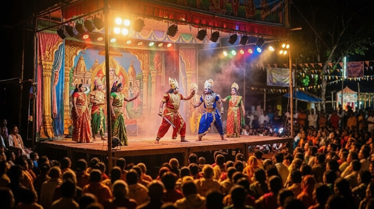 A colourful Odia Jatra troupe performing on a brightly lit open-air stage before a large village audience